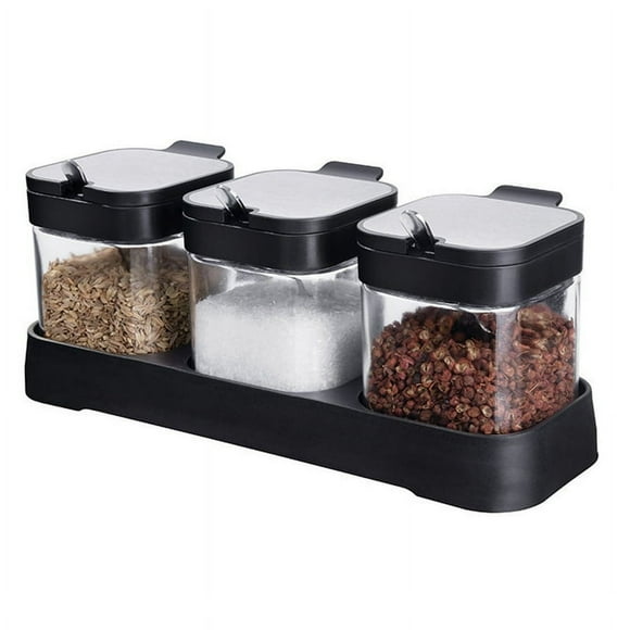 Spice Jars with Lids and Spoons Clear Glass Canisters Pots Seasoning Box Salt Container Sugar Bowl Set of 3