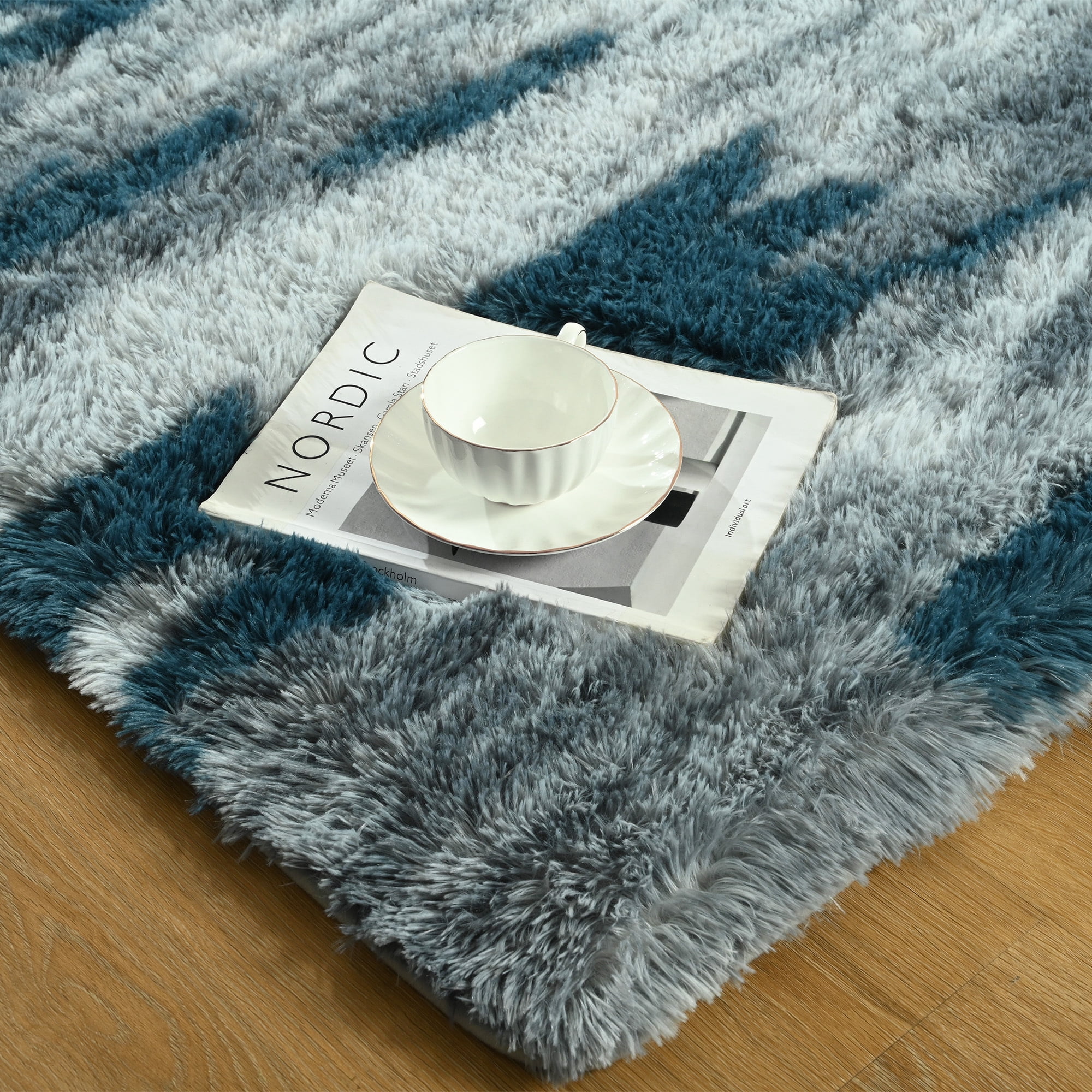 Arogan 6x9 Feet Area Rugs for Living Room Bedroom, Blue Soft Fluffy Shaggy Bedside Carpet, Machine Washable Indoor Floor Rug for Kids Home Decor Aesthetic
