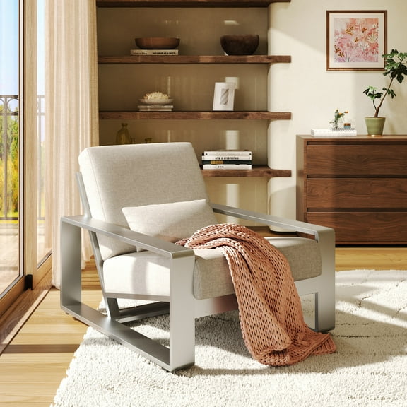 GDF Studio Modern Outdoor Patio Aluminum Lounge Chair with Cushions, Ergonomic Design, Silver Beige