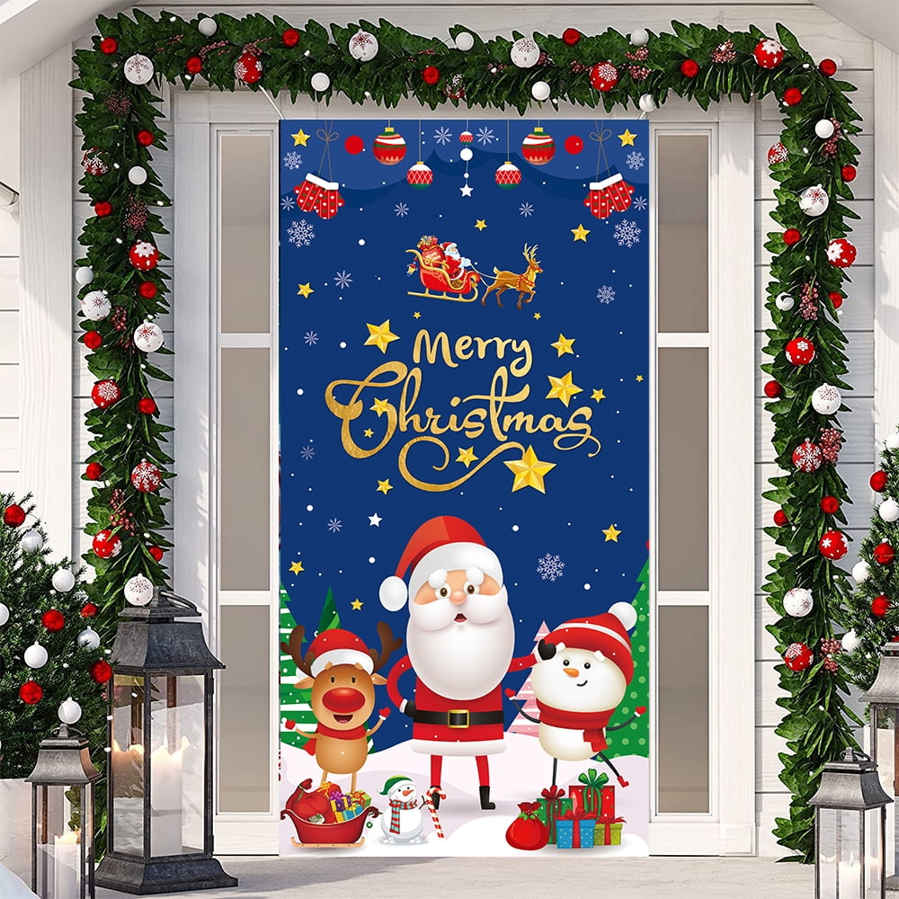 Merry Christmas Door Cover Red Christmas Door Decorations Xmas Backdrop