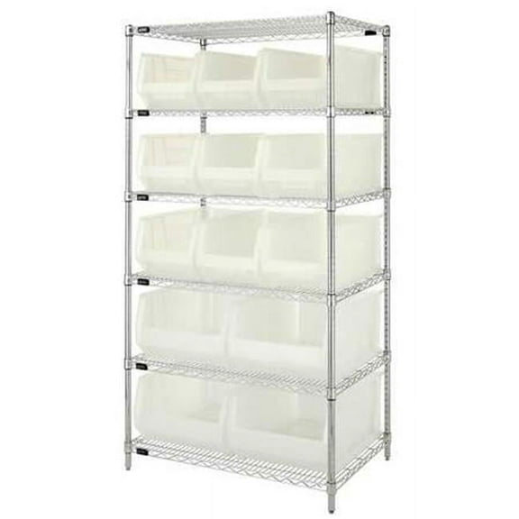 6 Shelf Chrome Wire Shelving Unit With 13 Clear Plastic Storage Bins, 24 x 36 in.