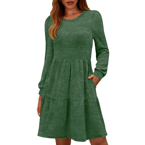 Muscularfit Dresses for Women Waist Ruffle Dresses Midi Long Sleeve Crew Neck Work Dress for Women