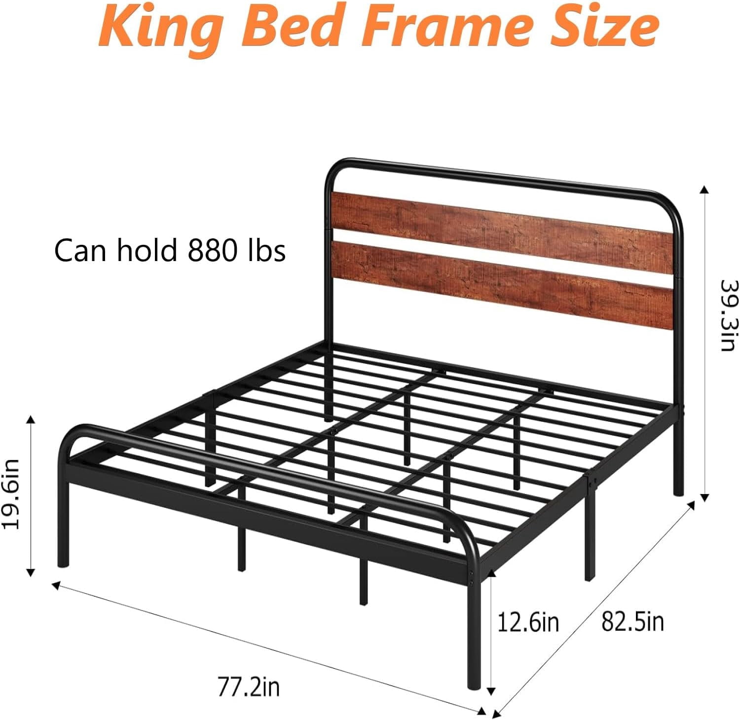 NEILA Sturdy King Size Bed Frame with Wooden Headboard and Metal Mattress Foundation, Spacious Under-Bed Storage, No Box Spring Required, Easy Assembly in Elegant Brown Finish