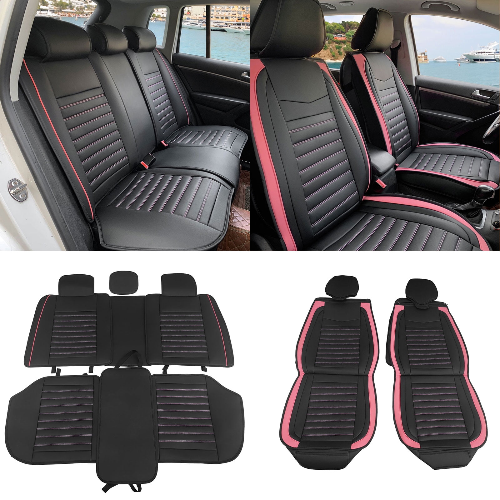 Ikon Motorsports Universal Car Seat Covers 02 Style Black + Pink Striped PU Leather Front & Back Row Auto Seat Cover Cushion Protectors 5 Seats Full Set