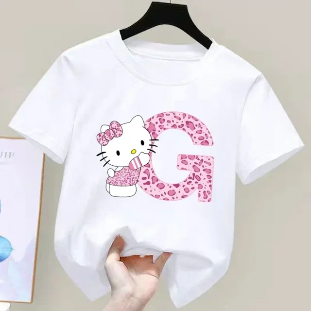 Camiseta de algodón de manga corta con letras de Hello Kitty para niños, Top con estampado de dibujos animados, ropa para niñas, regalo de cumpleaños para bebés, A-Z de verano