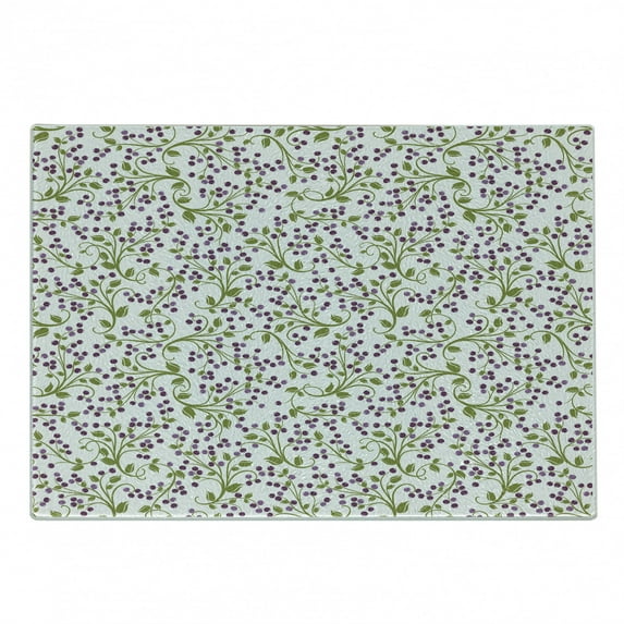 Garden Art Cutting Board, Swirling Green Twigs with Little Wild Berries Plants, Decorative Tempered Glass Cutting and Serving Board, Small Size, Olive Green Lavender, by Ambesonne