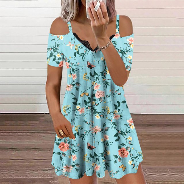 SMihono Robes Bohèmes d'Été pour Femmes Grande Taille Décontractées Amples d'Été Imprimées à Manches Courtes Robe de Plage Robes