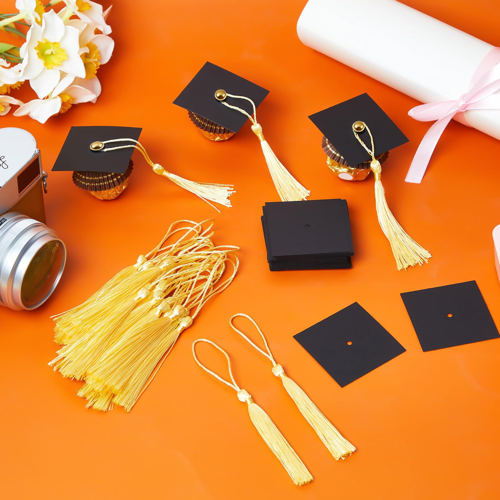 50 Black Graduation Cap Cupcake Toppers Chocolate Mini Decor for 2026 Theme Parties
