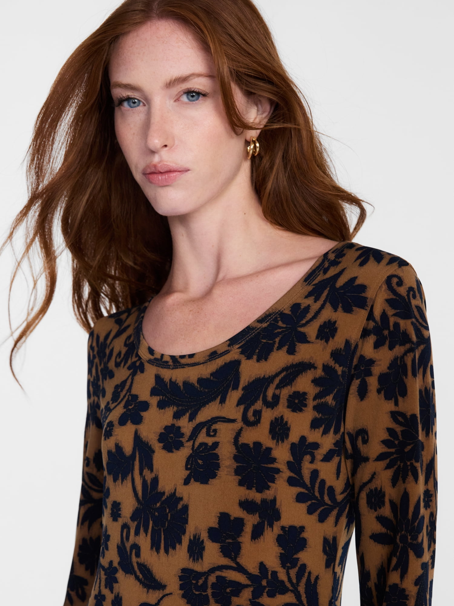 Scenario Women's Scoop Neck Midi Dress with Long Sleeves, Sizes XS-XXXL
