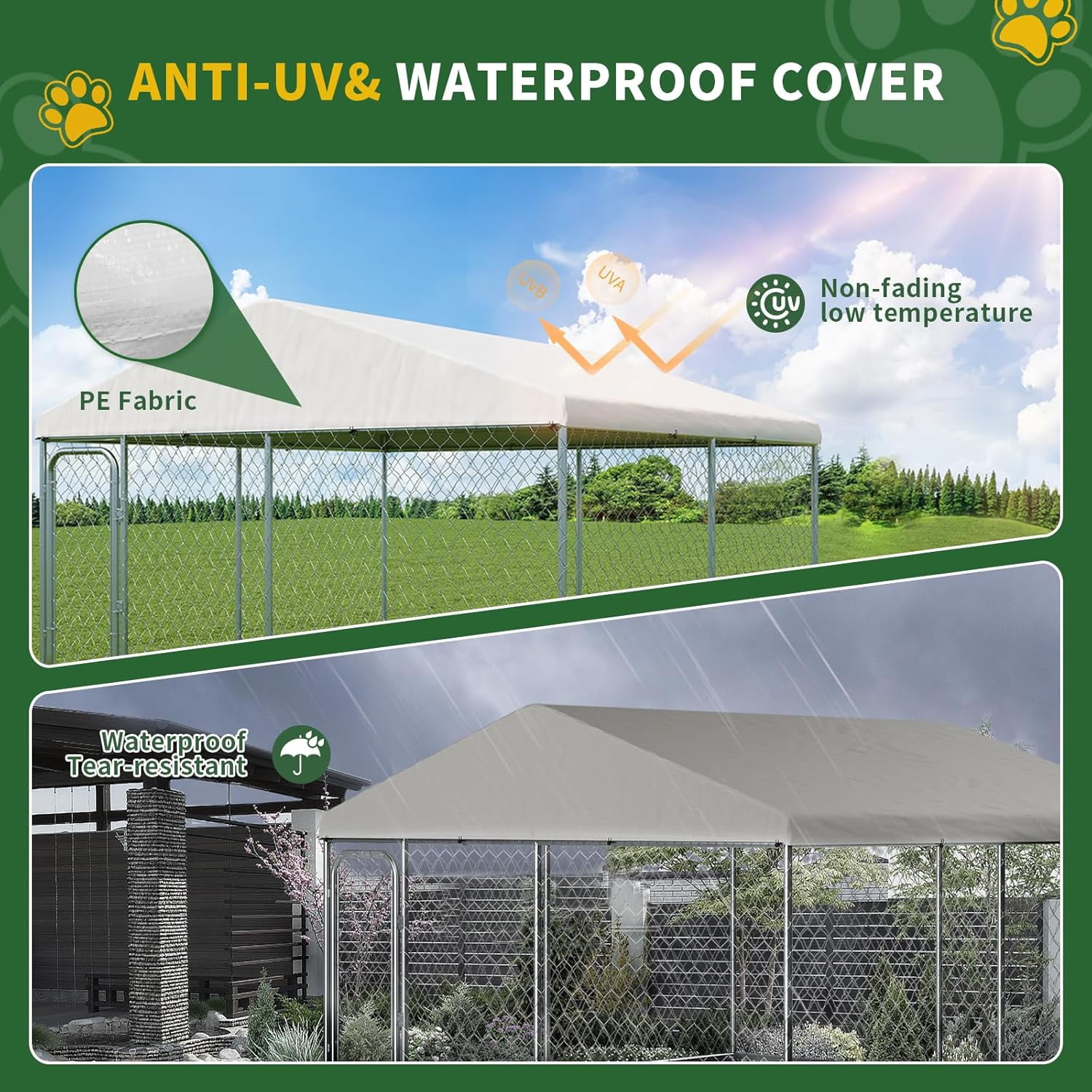 SELOOYE Outdoor Large Dog Kennel 10 x 10 FT, Heavy Duty Dog Enclosure with UV & Rain-Proof Fully Covered Roof, Rustproof Metal Mesh, Double Security Locks