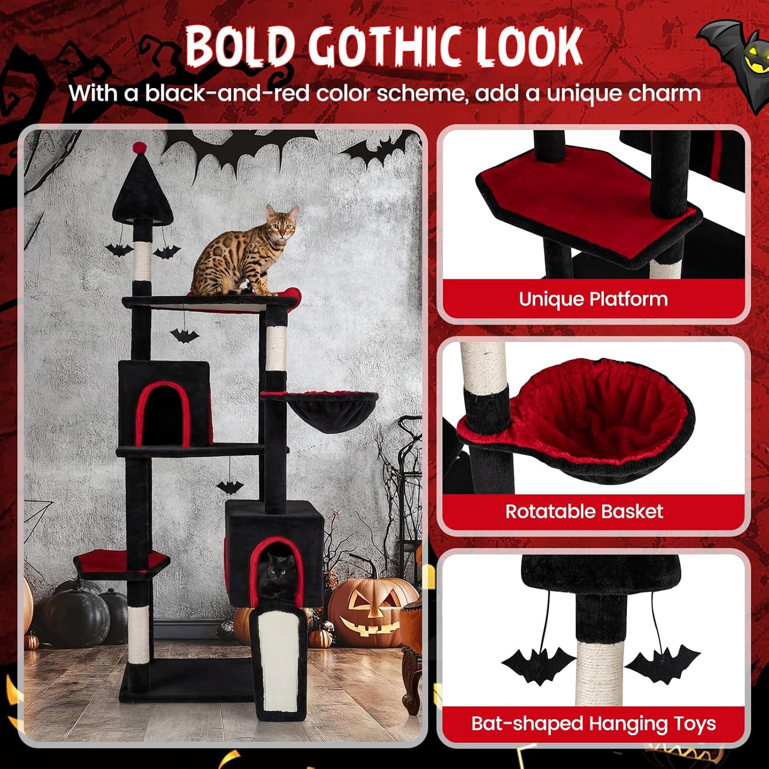 YounGG Gothic Cat Tree, 75" Tall Halloween Cat Tower with Sisal Scratching Posts & Ramp, 2 Condos, Top Perch, Bat Hanging Toys, Basket, Heavy Duty Black Goth Cat Tree for Indoor Large Cats 20+ LBS