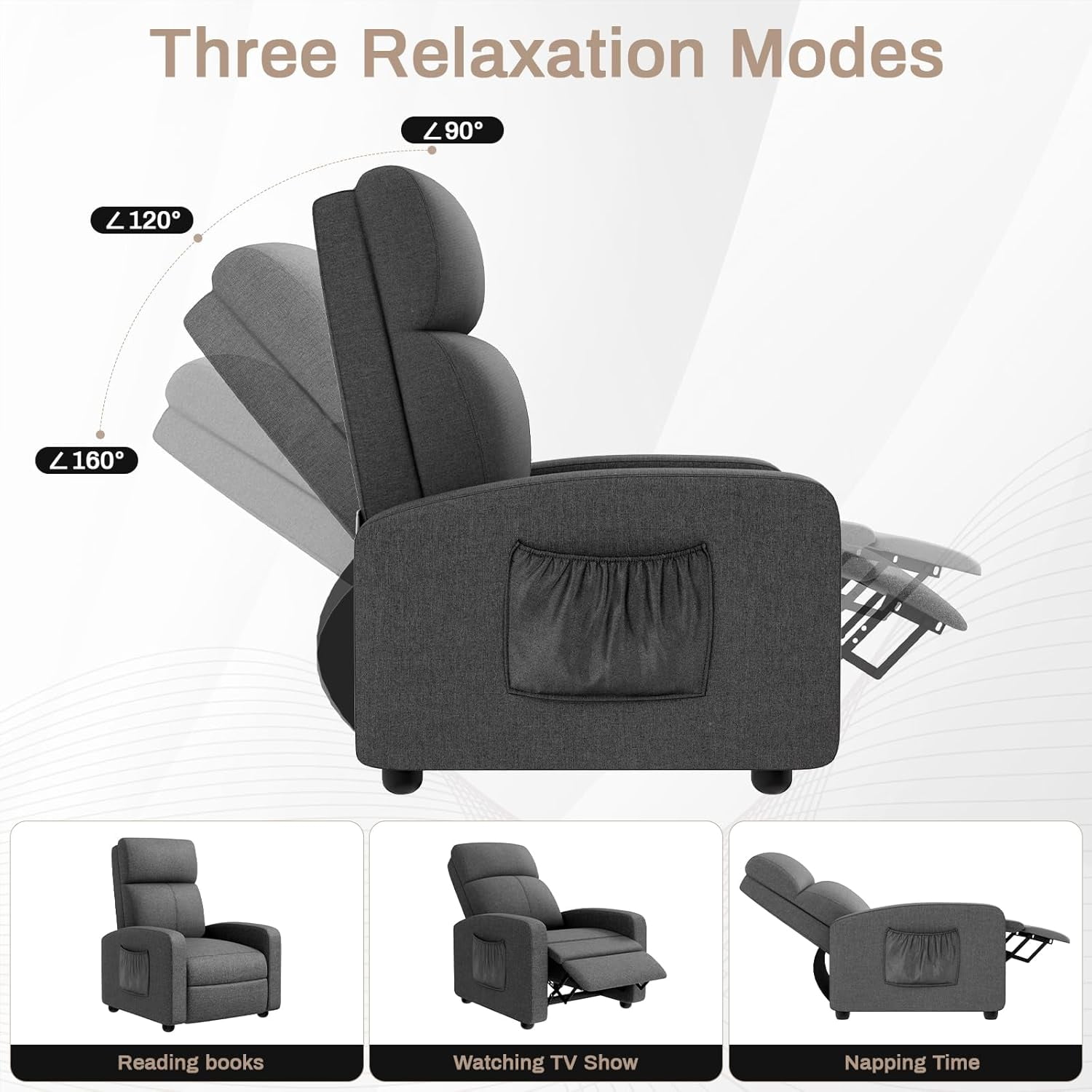 TLSUNNY Recliner Chair with Side Pocket, Adjustable Backrest & Footrest Linen Fabric Sofa, for Living Room,Home Theater