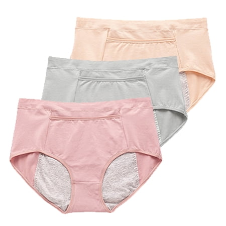Valcatch 3 Pack Women s Menstrual Period Underwear Mid Waist Cotton Postpartum Briefs with Pocket(Pink&Light Gray&Apricot)