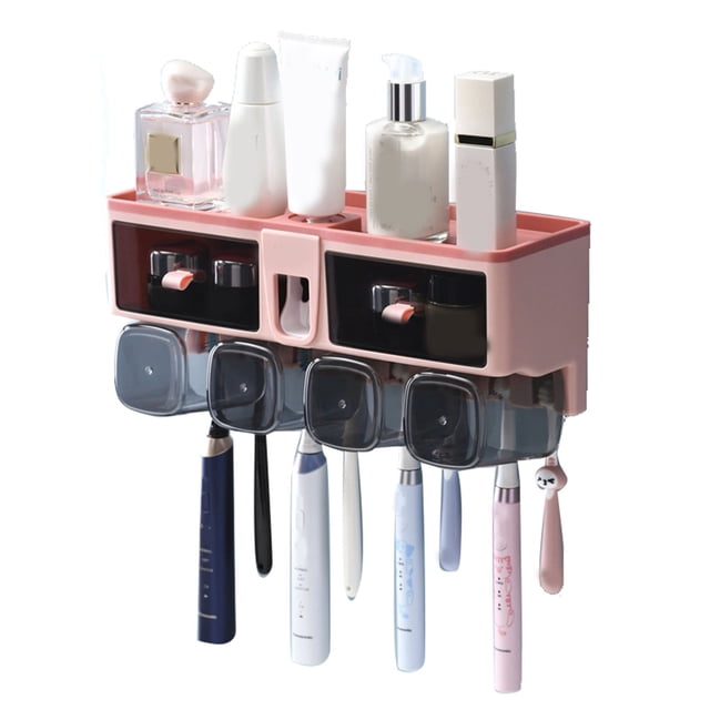 Estante para cepillos de dientes, sin perforaciones, para pared, para enjuague bucal, para inodoro, color rosa, 4 tazas