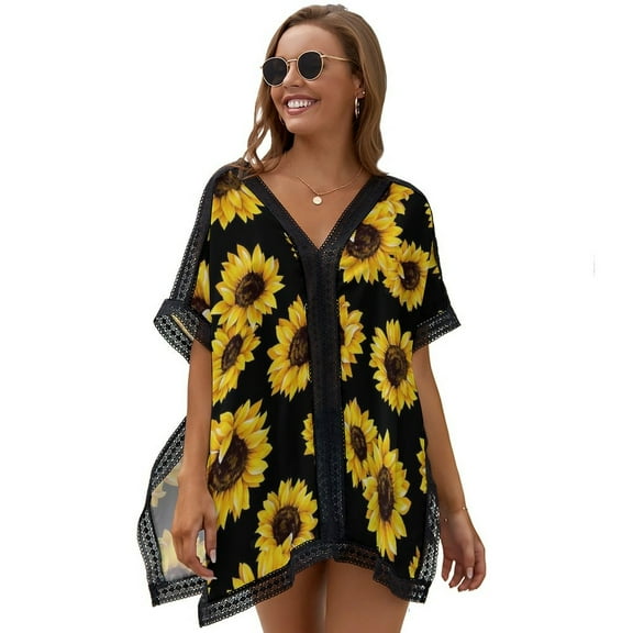Sunflower Black Background Women's Swimsuit Coverup Summer Beach Cover Up Bathing Suit Dress