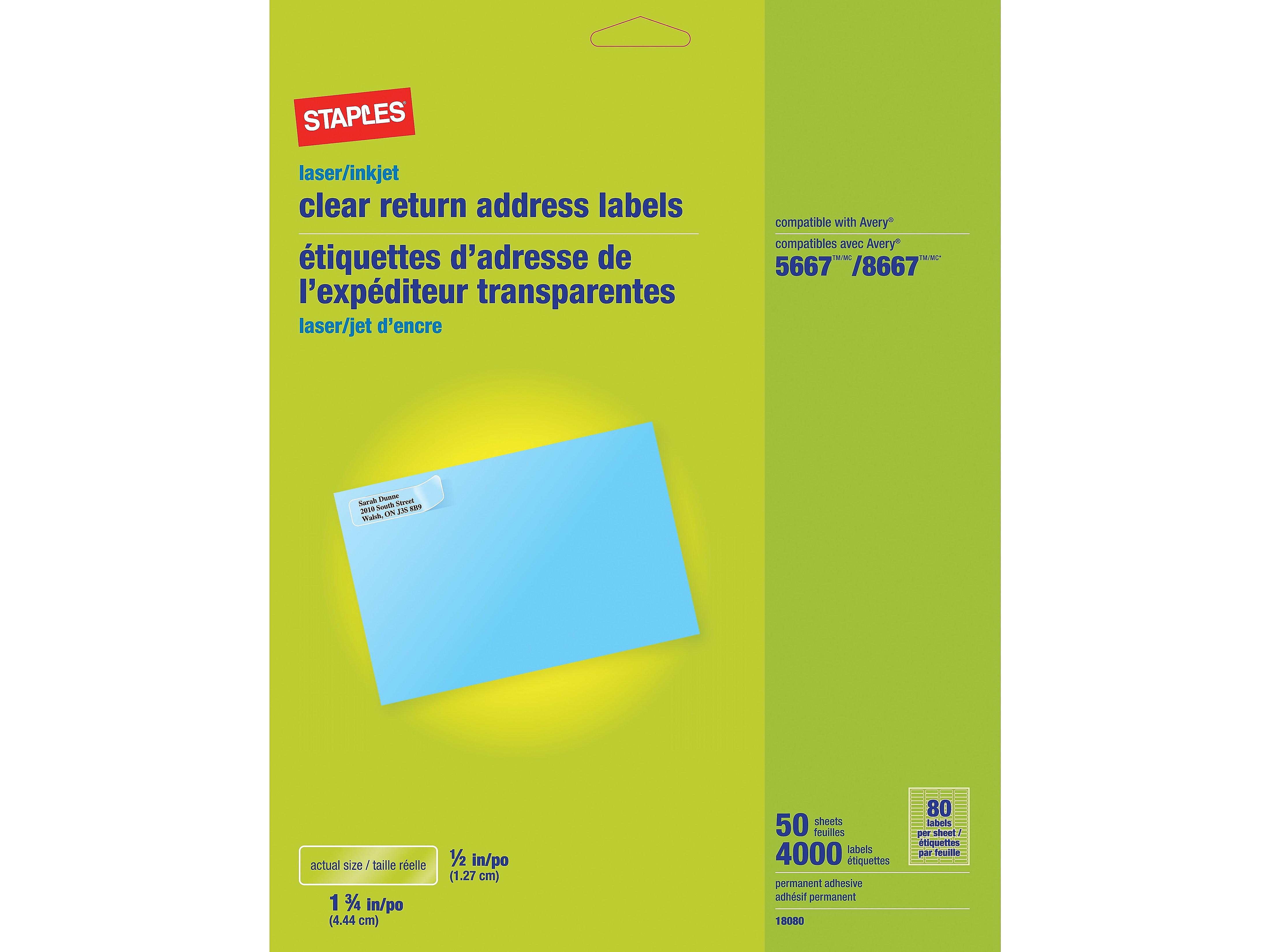 Staples Laser/Inkjet Address Labels 1/2" x 1 3/4" Clear 80 Labels/Sheet