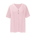thumbnail image 4 of Women's Blouses Top Summer Short Sleeved T-shirts Solid Color Lace V-neck Button Shirts Casual Loose Pullover Hollow Breathable Tunic Tops 01#Pink XL, 4 of 6