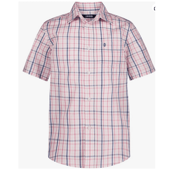IZOD Boys' Short Sleeve Button-Down Plaid Dress Shirt (Medium)