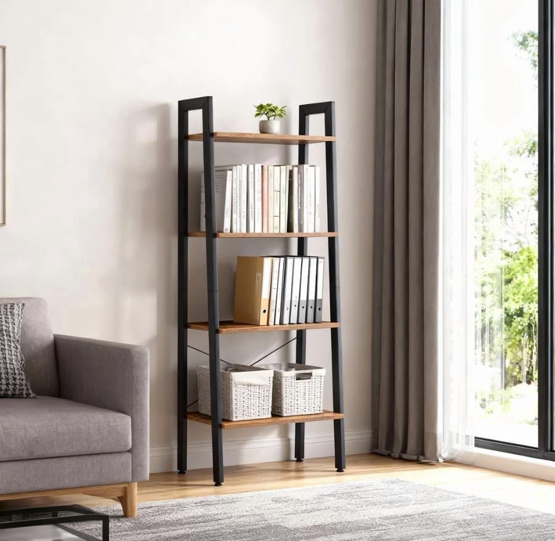 Atilioo 4 Tiers Ladder Bookcase, Wood Bookshelf Tall Standing Display Shelves Storage Organizer for Bedroom, Living Room & Home Office Bathroom, Brown