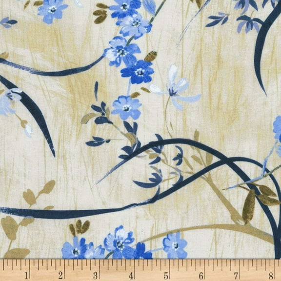 Timeless Treasures Fields Of Blue Flowers And Branches Natural 100% Cotton Fabric sold by the yard