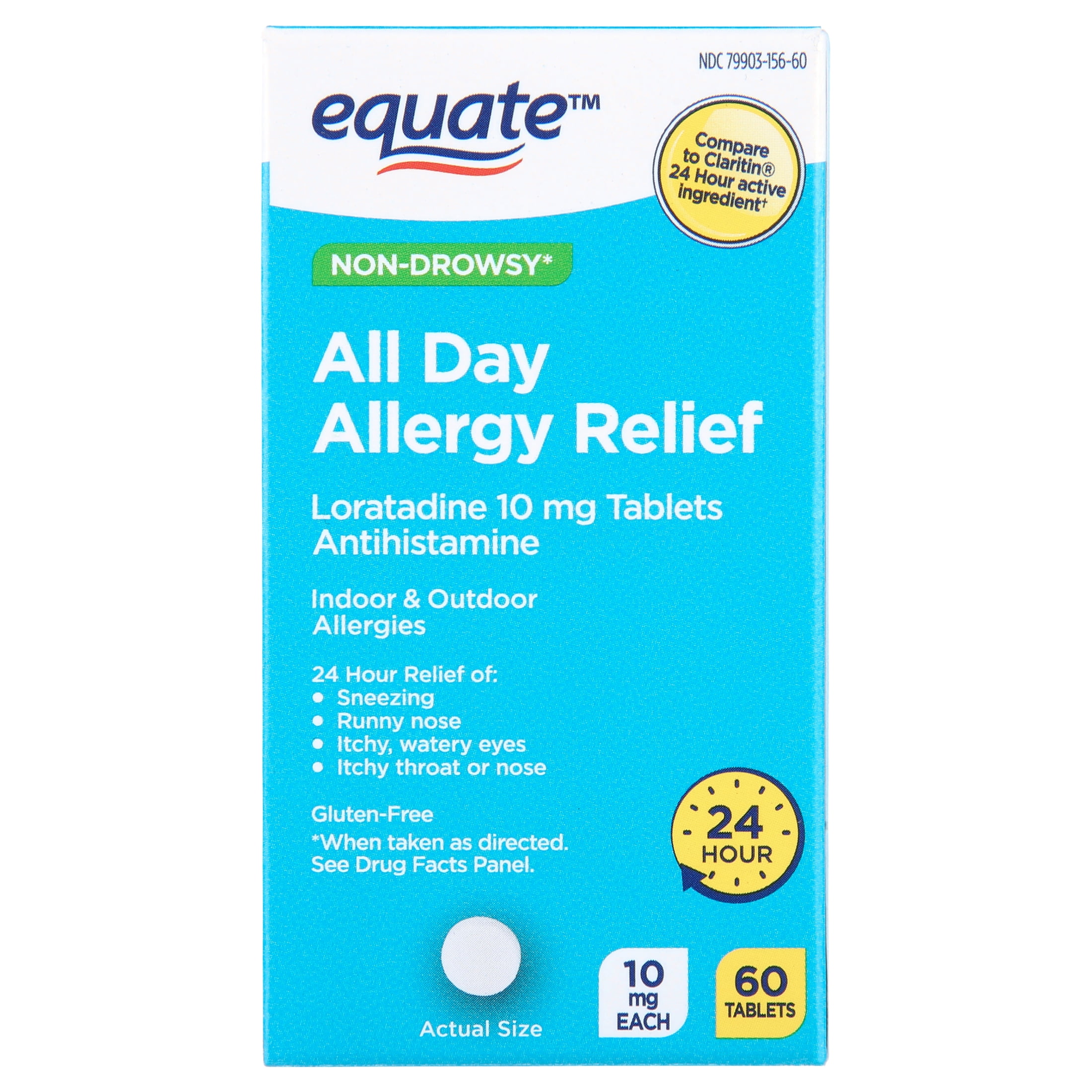 (2 pack) Equate Non-Drowsy All Day Allergy Relief Loratadine 10 mg Tablets Antihistamine, 60 Count, Compare to ClaritinÂ® 24 Hour Active Ingredient