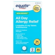 Equate Non-Drowsy All Day Allergy Relief Loratadine 10 mg Tablets Antihistamine, 60 Count, Compare to Claritin® 24 Hour Active Ingredient