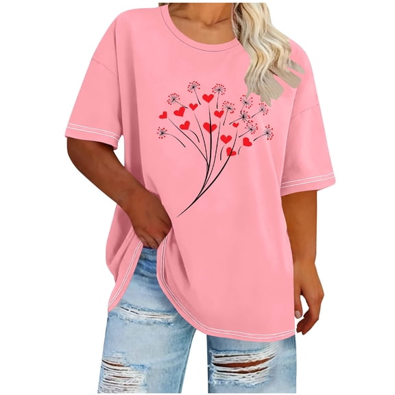Valentines T Shirts for Women Plus Size Heart Cute Graphic Tee Tops Crew Neck Valentine's Day Gift Shirts Love Tops, 4XL Pink