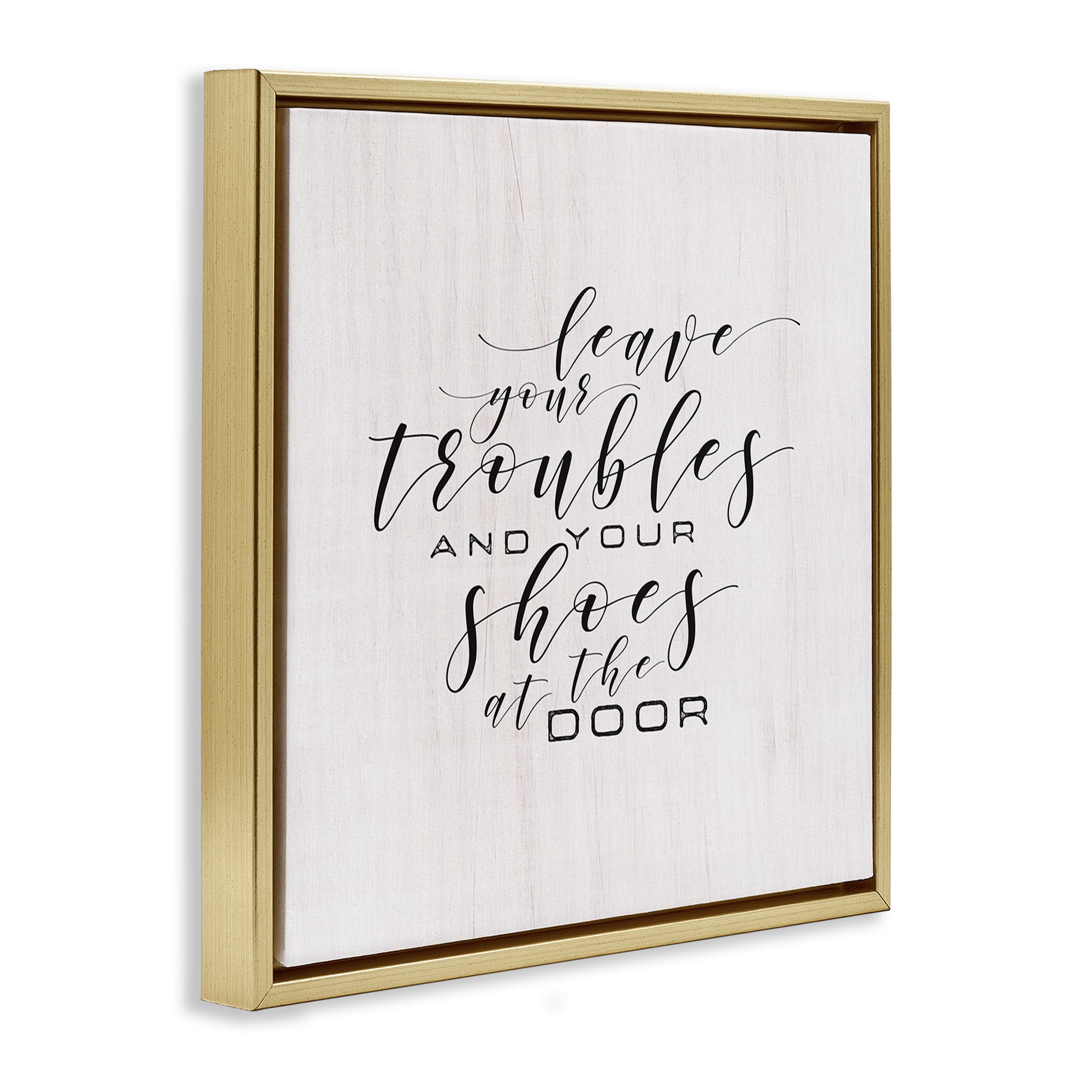 Stupell Industries Troubles & Shoes at Door Inspirational Painting Gold Floater Framed Canvas Art Print Wall Art, 18 x 18