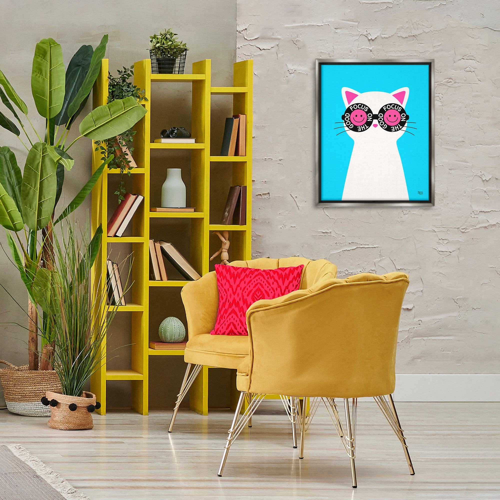 Stupell Industries Focus On Good Cat Animals Painting Gray Floater Framed Canvas Art Print Wall Art, 17 x 21