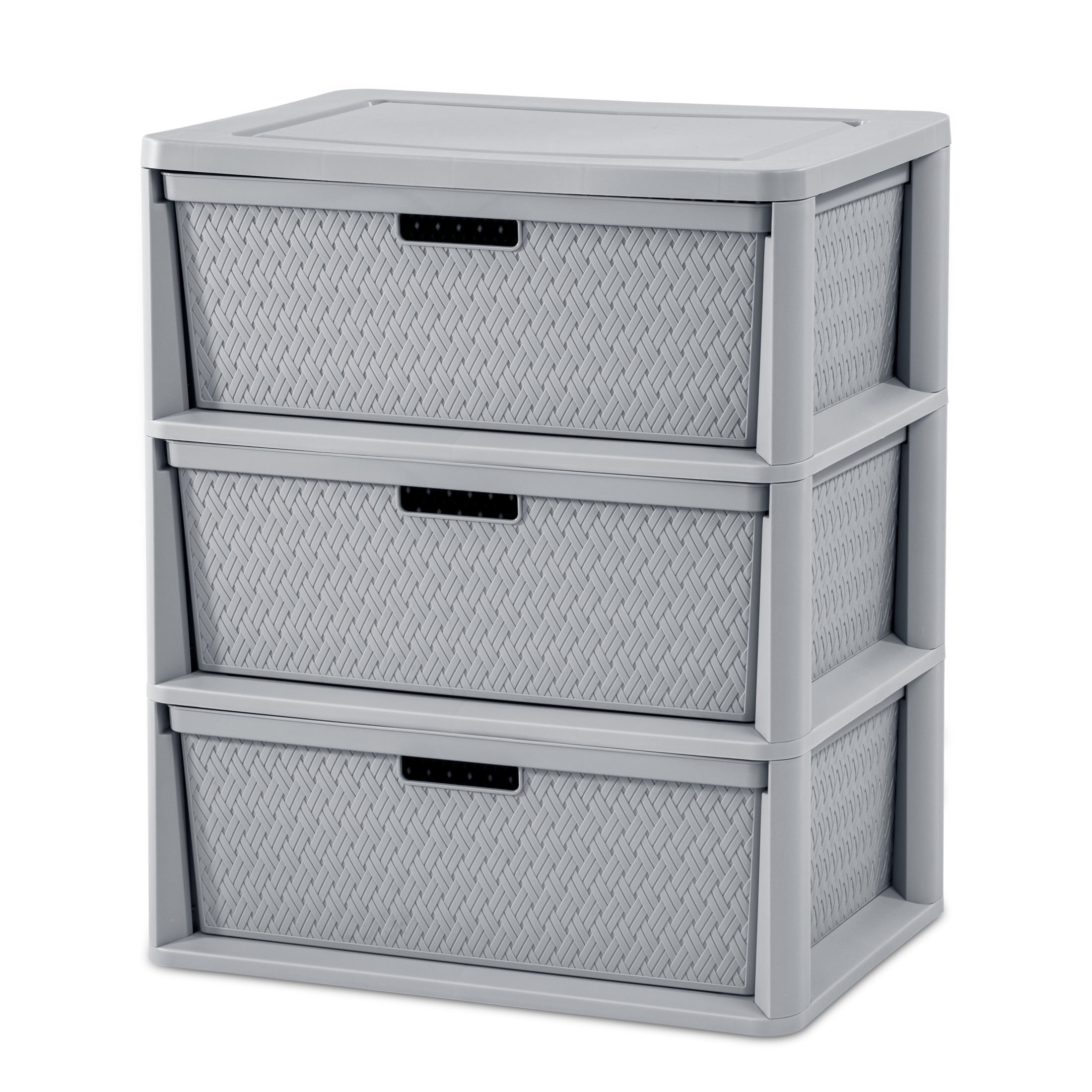 (2 pack) Sterilite Wide 3 Drawer Tower, Plastic Storage Organizer with Removable Decorative Bins, Easy Assembly, No Tools Needed, Gray