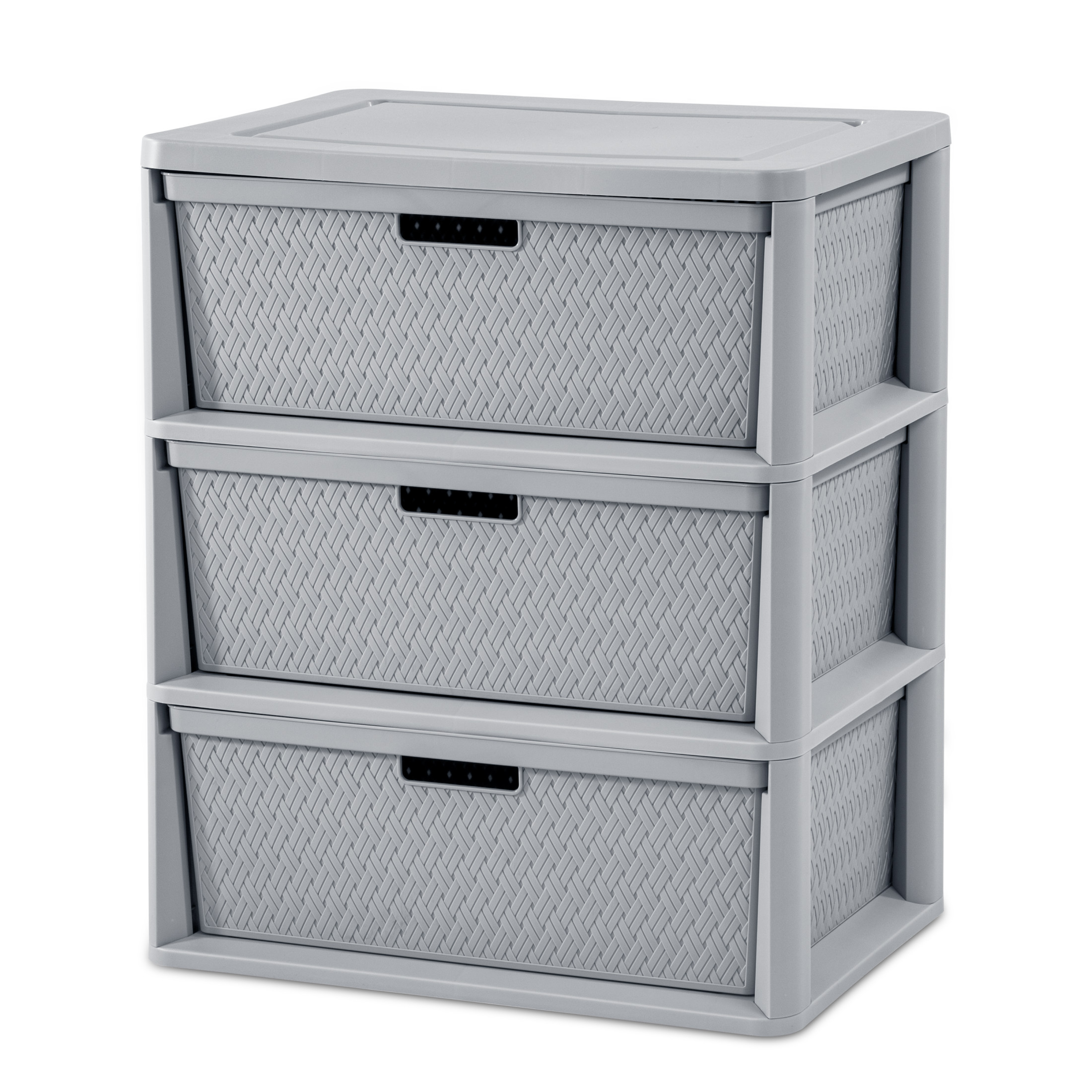 Sterilite Wide 3 Drawer Tower, Plastic Storage Organizer with Removable Decorative Bins, Easy to Assemble - No Tools Needed, Gray