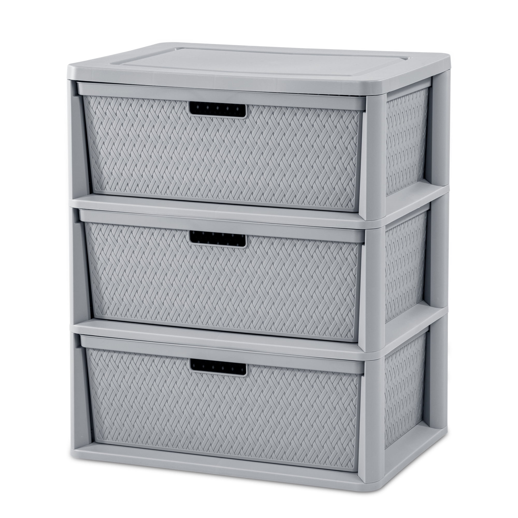Sterilite Wide 3 Drawer Tower, Plastic Storage Organizer with Removable Decorative Bins, Easy Assembly, No Tools Needed, Gray
