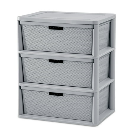 Sterilite Wide 3 Drawer Tower, Plastic Storage Organizer with Removable Decorative Bins, Easy to Assemble - No Tools Needed, Gray