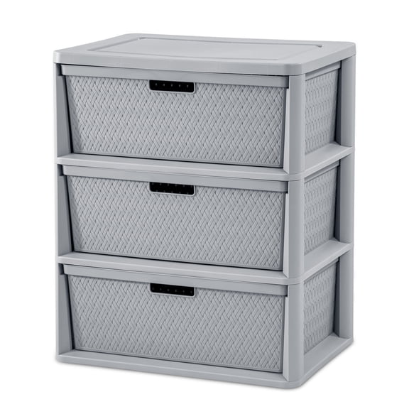 Sterilite Wide 3 Drawer Tower, Plastic Storage Organizer with Removable Decorative Bins, Easy to Assemble - No Tools Needed, Gray