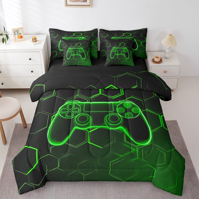 Erosebridal Gaming Gamepad Bed in a Bag King size, Green Bed Set, Geometry Abstract Decor, Reversible 7-Piece