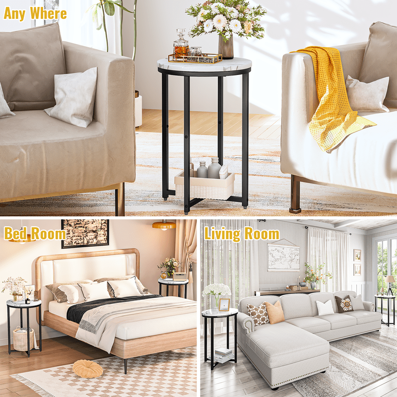 Baxluxe Marble Side Table Set of 2, Faux Marble Round End Table with Metal Base, Small Living Room Coffee Table Nightstand Bedside Table, Modern End Table Set for Living Room, Bedroom, Black
