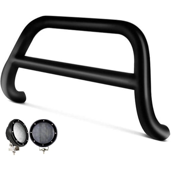 Black Horse A Bar Kit No Skid Plate Black Compatible with 2022-2025 Nissan Pathfinder|2022-2024 Infiniti QX60, Comes with a Set of 5.3" Black Round Flood LED Lights