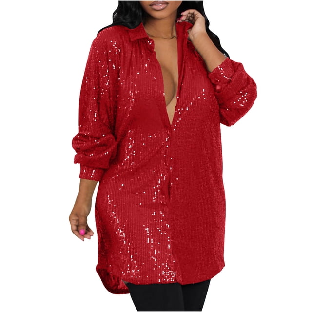 AherBiu Robe à Paillettes pour Femmes à Manches Longues, Boutonnée, Col à Revers, Col en V, Scintillante, Tenue de Boîte de Nuit, Robe Courte de Soirée