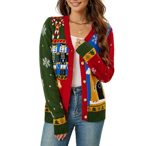 Christmas Sweaters for Women Soft Holiday Long Sleeve V Neck Xmas Knit Sweaters Red S