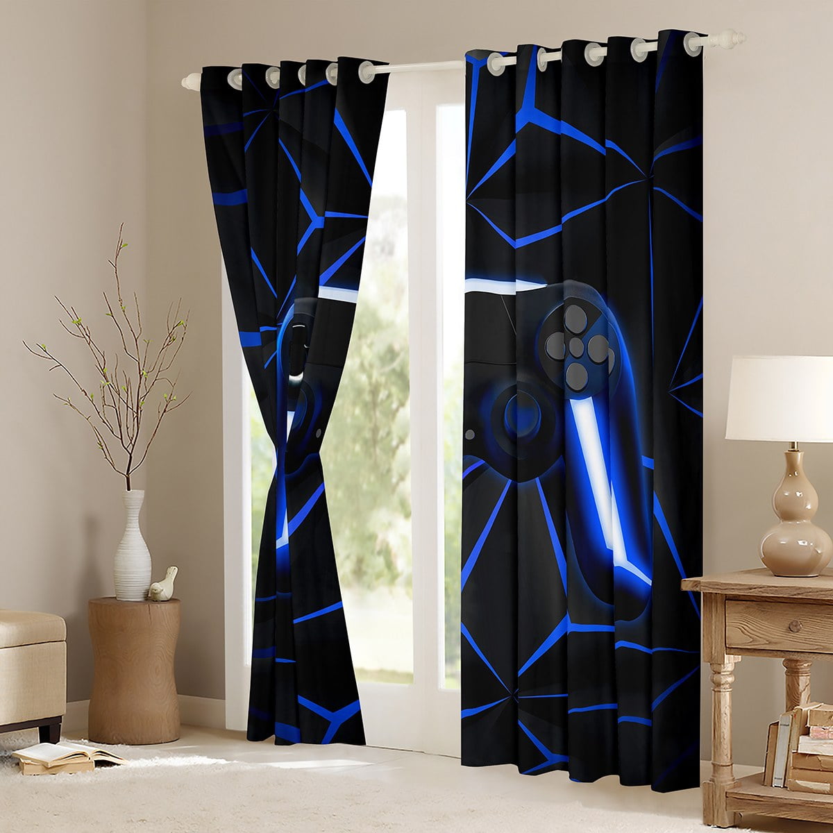 Gaming 30%-50% Blackout Curtains Video Game Gamer Console Curtains Black And Blue Gaming Curtains & Drapes, Gamer Gamepad Controller Window Curtains 38Wx45L