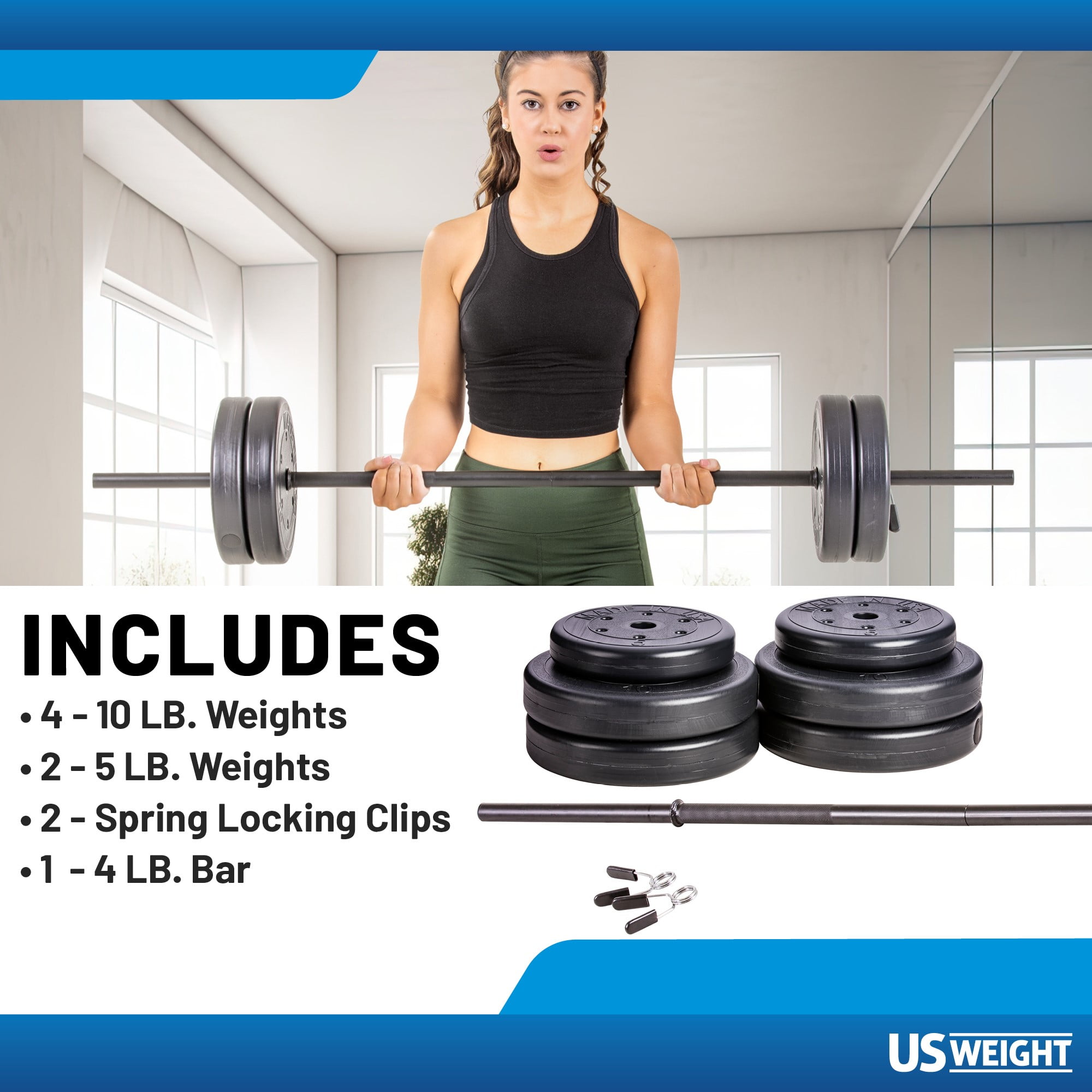 US Weight 55 lb. Barbell Weight Set with 3-Piece Threaded Barbell Bar, Two Locking Spring Clips