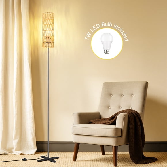 OUTON Rattan Floor Lamps for Living Room, Standing Lamp with Linen Shade, Tall Pole Lamps for Bedroom, Office,Bulb Included