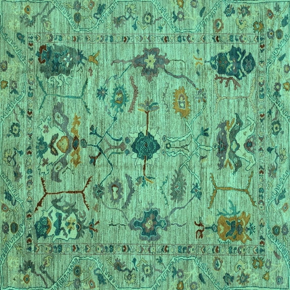Ahgly Company Machine Washable Indoor Square Oriental Turquoise Blue Traditional Area Rugs, 6' Square
