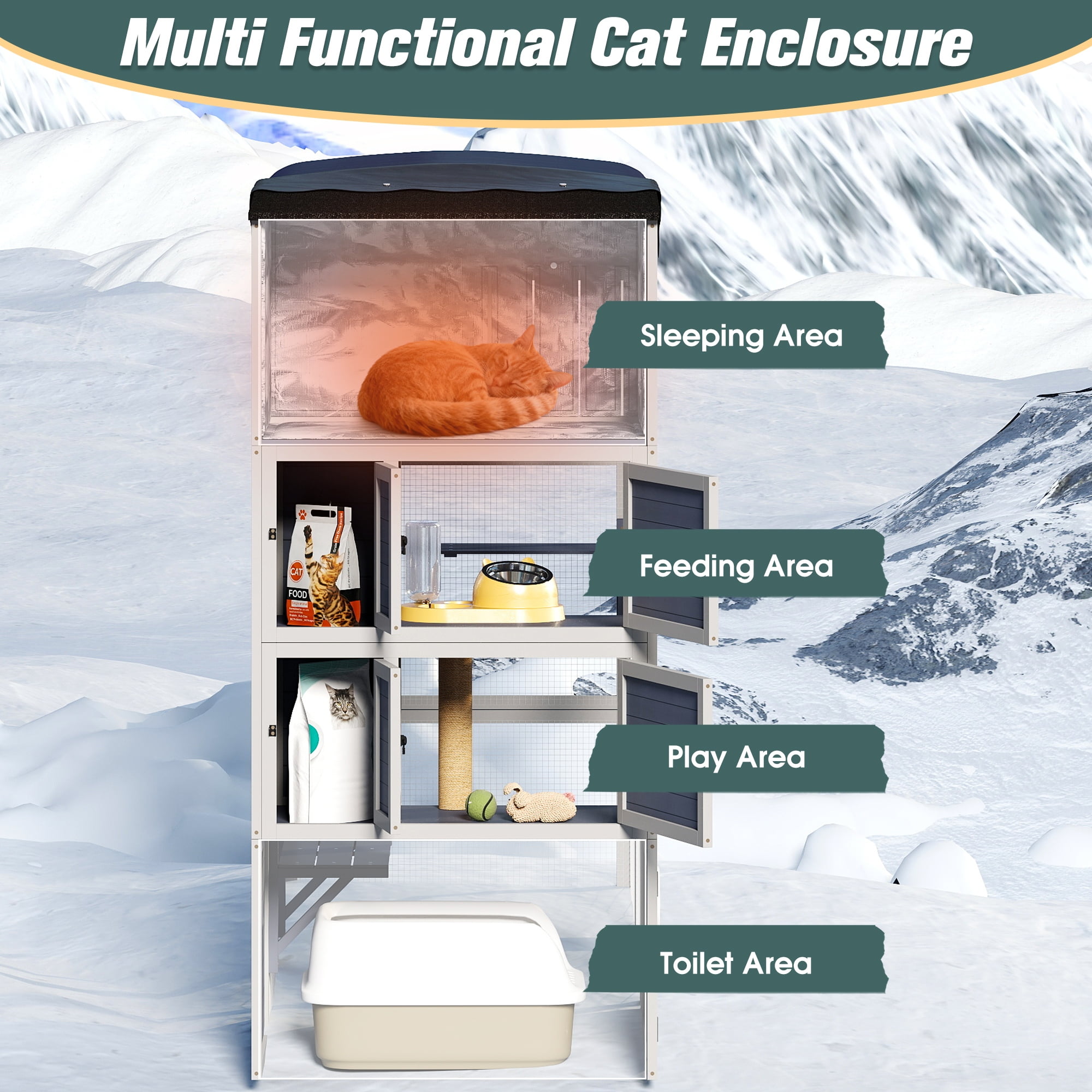 COZIWOW Insulated Outdoor Cat Catio, Large Wood Cat Enclosure with Weatherproof Roof, 2 Resting Rooms, 2 Platforms, 4-Tier Cat Playpen (Grey-Insulated)