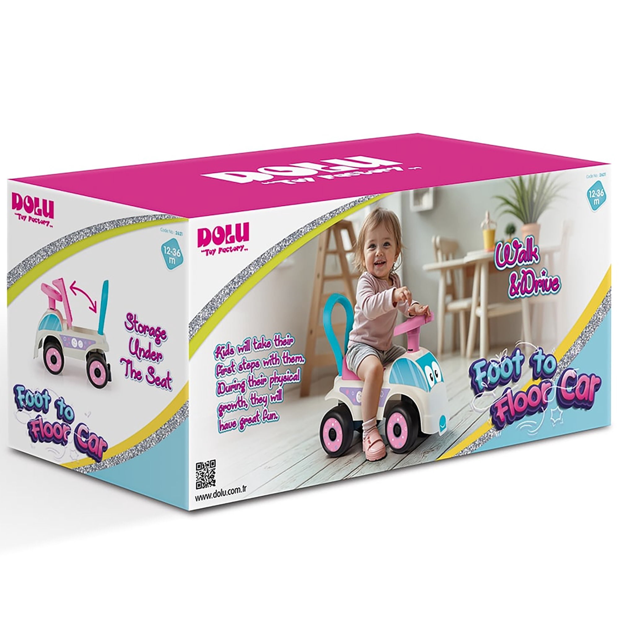Dolu: Walk & Drive Foot to Floor Car - White & Pink - Ride-On Toy Vehicle, Horn, Storage Seat, Push-Pull Handle, Indoor-Outdoor Play, Toddlers 12mo+