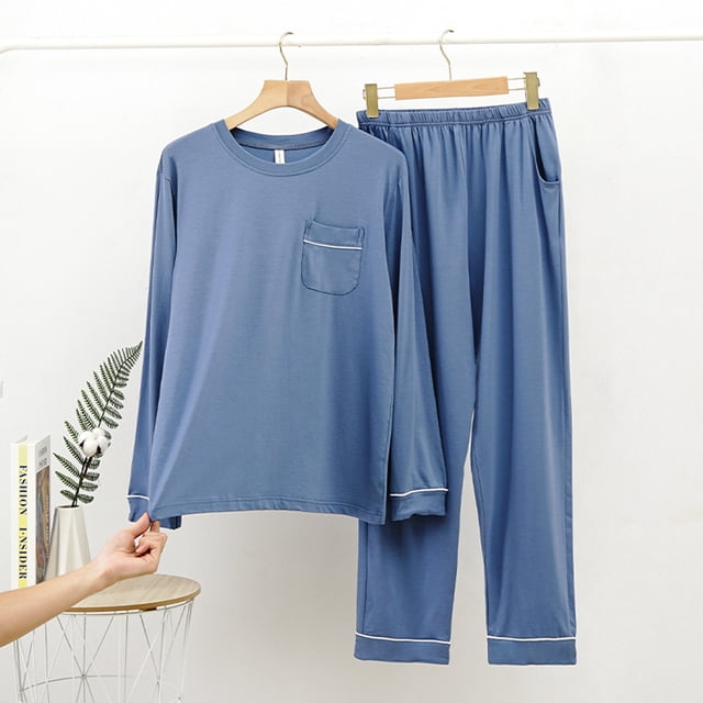 TIMIFIS Ensembles de Pyjama pour Hommes Confortables Unis à Manches Longues à Col Rond Haut de Nuit et Pantalon Ensemble de Détente 2 Pcs Ensembles de Pyjamas pour Hommes - Printemps/été