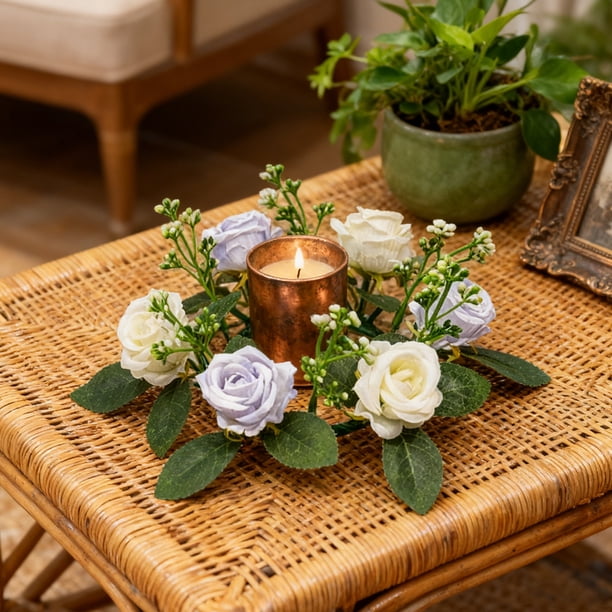 CaiYueKe Artificial Rose Flower Candle Holder Wreath Wedding Tabletop Decoration Romantic Centerpiece for Valentine's Day Anniversary Party Home Decor