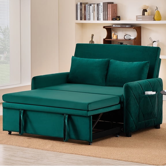 Leumius 3 in 1 Convertible Sleeper Sofa Bed, Modern Convertible Sofa Bed with 5-Position Adjustable Backrest,Velvet Pull Out Couch with Pull Out Bed for Living Room Furniture,Green
