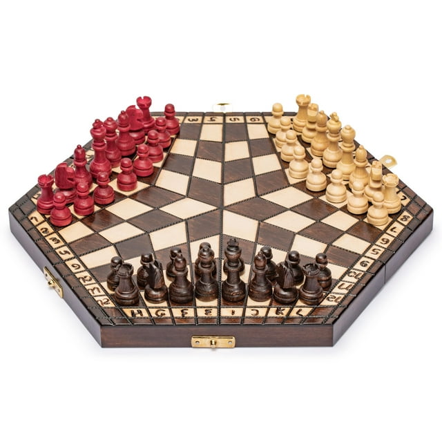 Husaria Wooden Three-Player Chess - 32 Centimeters - with Foldable Board, Handcrafted Playing Pieces, and Felt-Lined Storage