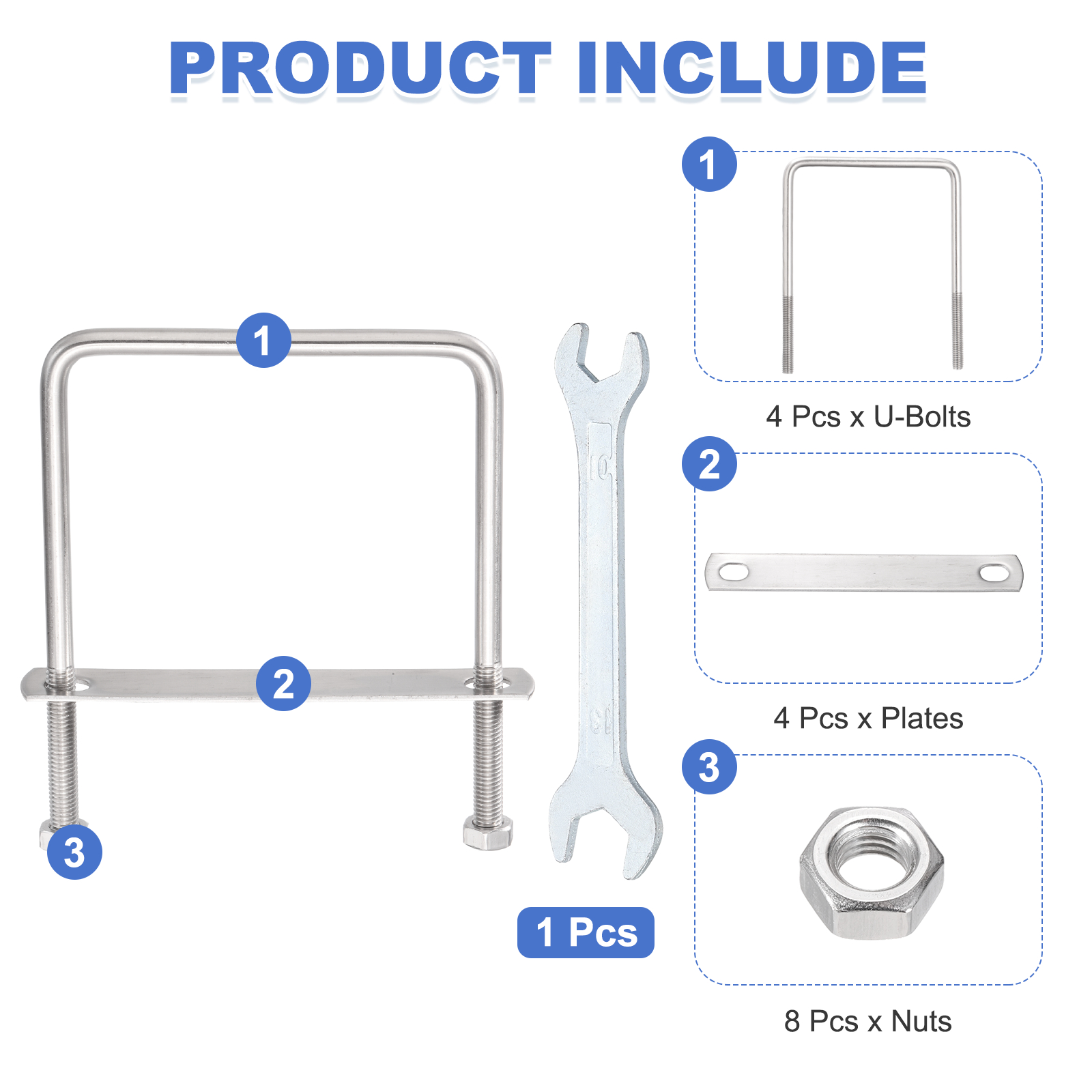 Uxcell 4 Sets M8 Square U-Bolts, 4.02" Inner Width 5.51" Length 304 Stainless Steel U Clamp Bolts with Nuts, Plates and Wrench